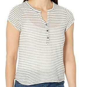 LA Made white Masha black striped short sleeve linen blend henley tee small